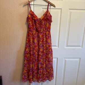 Floral & Ruffle Spaghetti Strap Dress with Keyhole Detail, Size L